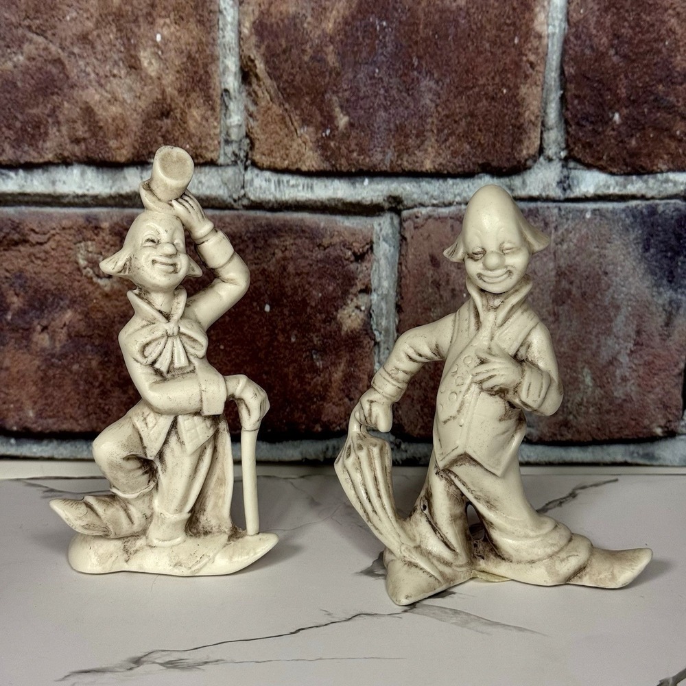 Set Of 2 VTG Enesco Clowns Ivory Porcelain Bisque Figurines Japan 1960s MCM